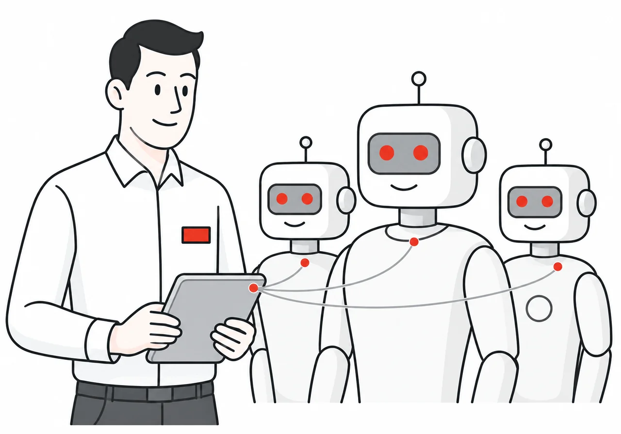 A person holding a tablet connected to three white and red AI robots