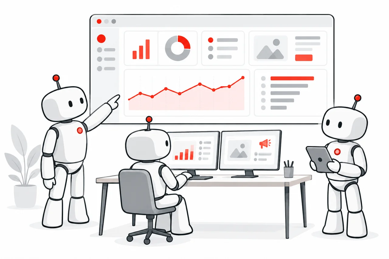 Three white robots collaborating at a desk beneath a campaign performance dashboard